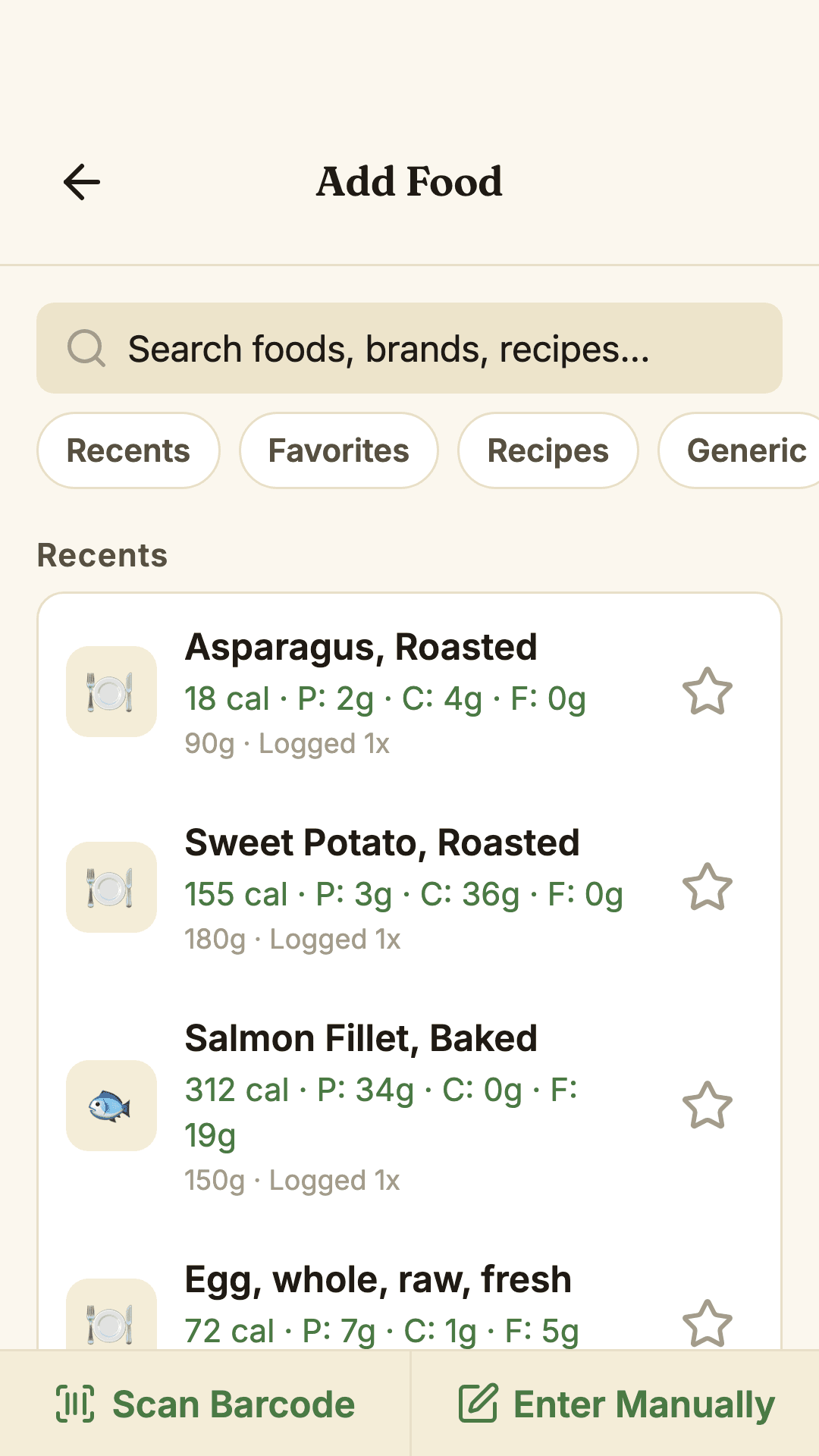 Wholesum's Add Food screen: a search bar for foods, brands and recipes, recent foods like roasted asparagus and baked salmon, and buttons to scan a barcode or enter food manually.